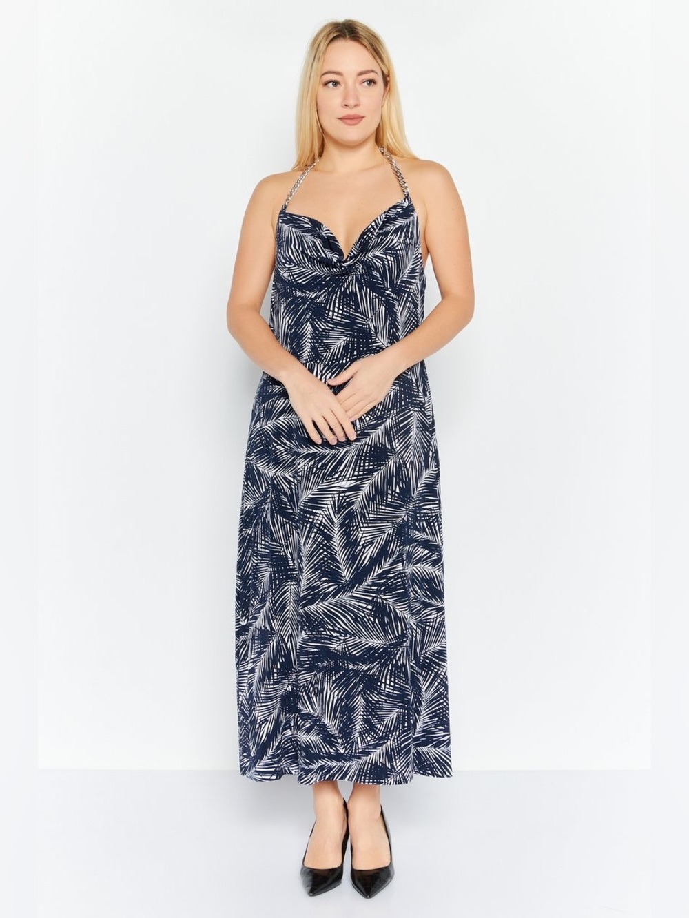 MK Palm-Print Halter Midi Dress (S)